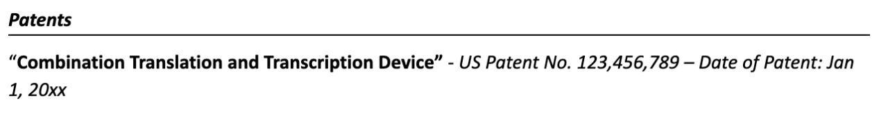 List Patents on Resume Example 2