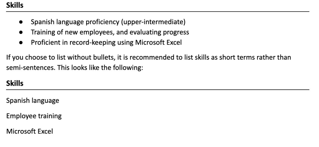 Bullet Points on Resume Example 2